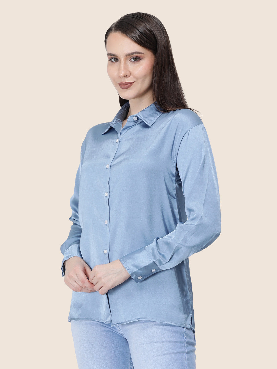 Women's  Premium Steel Blue Regular Fit Solid Summer Satin shirt