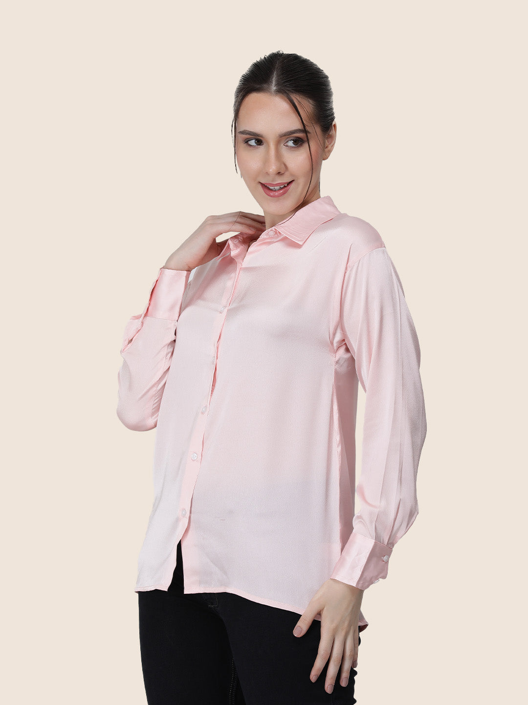 Women's  Premium Soft Pink Regular Fit Solid Summer Satin shirt