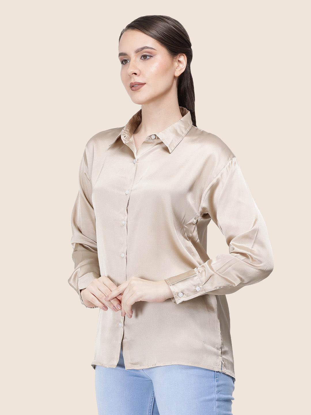 Women's  Premium Tan Brown Regular Fit Solid Summer Satin shirt