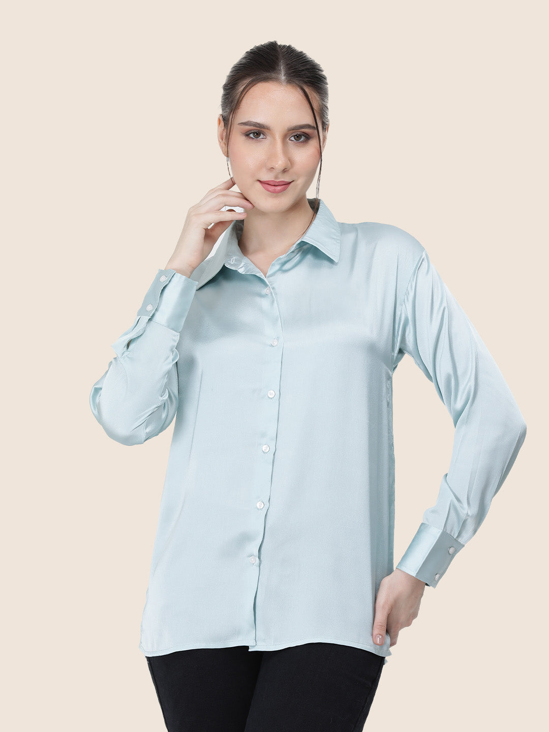 Women's  Premium Light Cyan Regular Fit Solid Summer Satin shirt