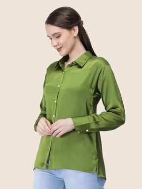 Women's  Premium Olive Regular Fit Solid Summer Satin shirt