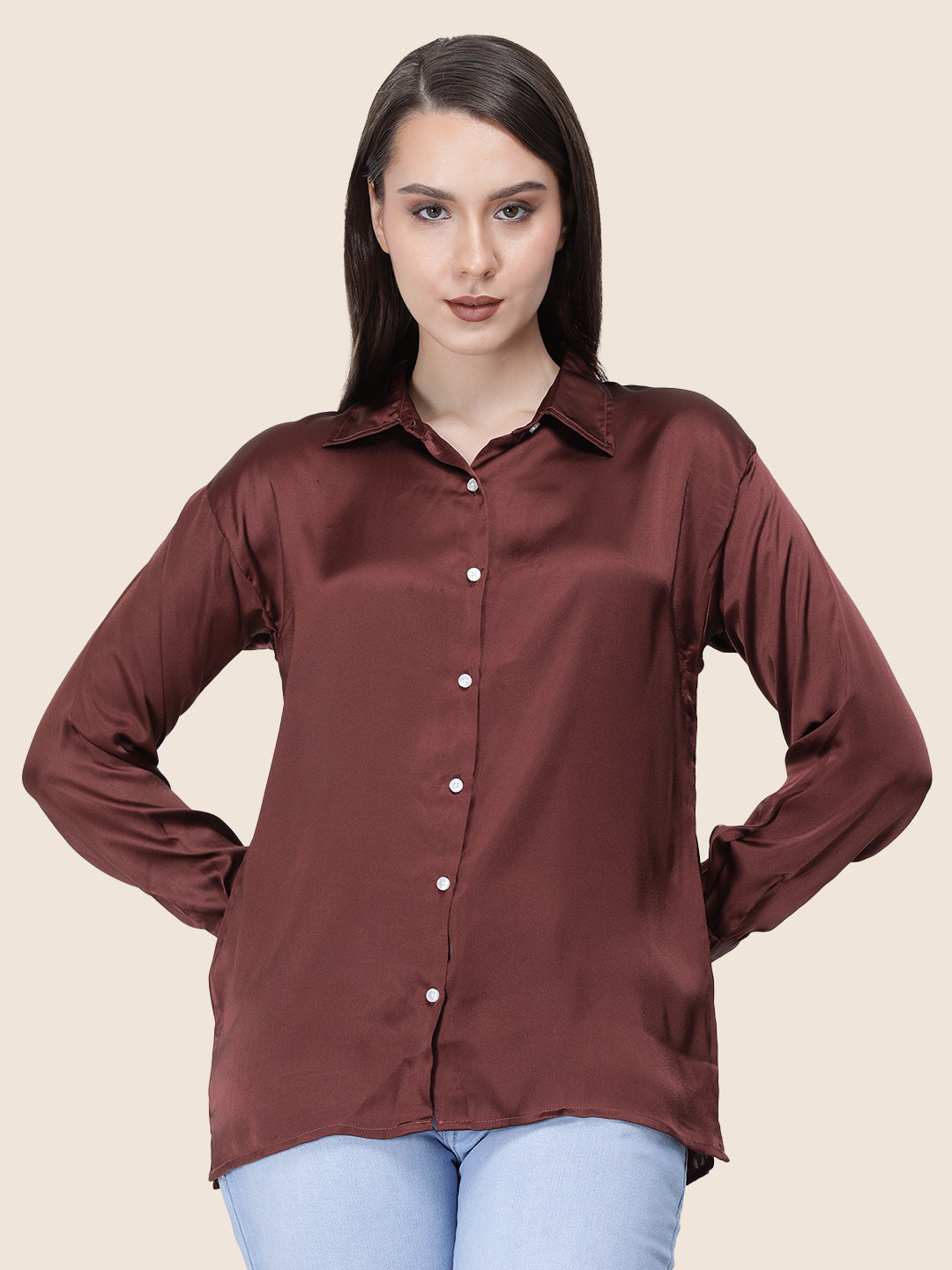 Women's  Premium Chocolate Brown Regular Fit Solid Summer Satin shirt