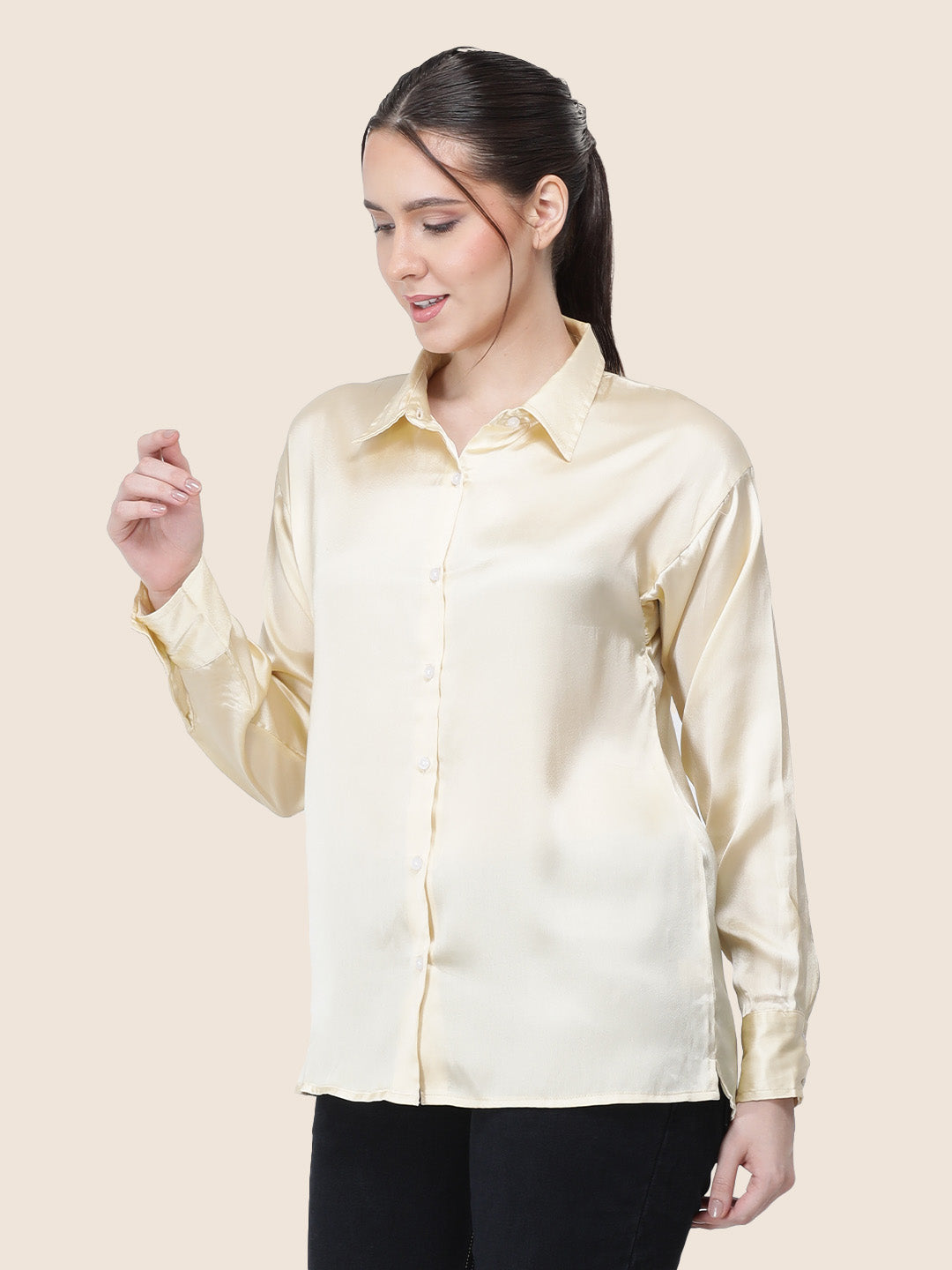 Women'S Premium Buff Regular Fit Solid Satin Shirt