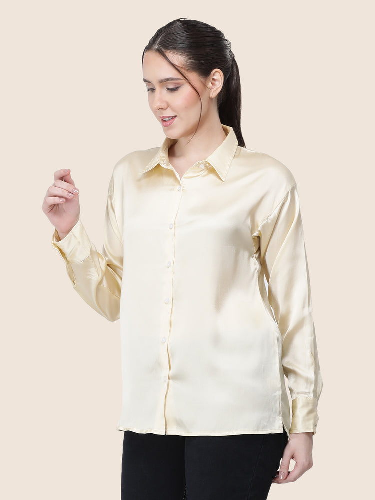 Women'S Premium Buff Regular Fit Solid Satin Shirt