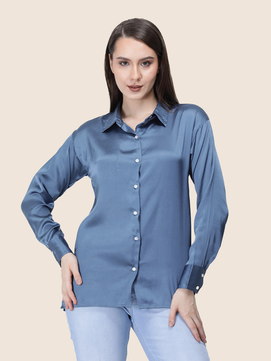 Women's  Premium Marble Blue Regular Fit Solid Summer Satin shirt