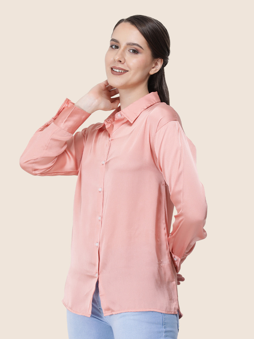 Women's  Premium Peachy Pink Regular Fit Solid Summer Satin shirt