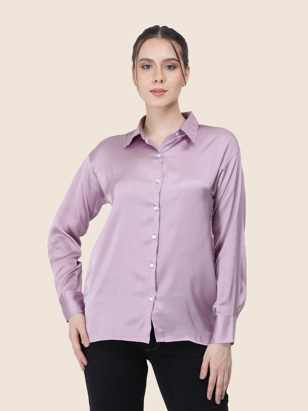 Women's  Premium Lilac Regular Fit Solid Summer Satin shirt