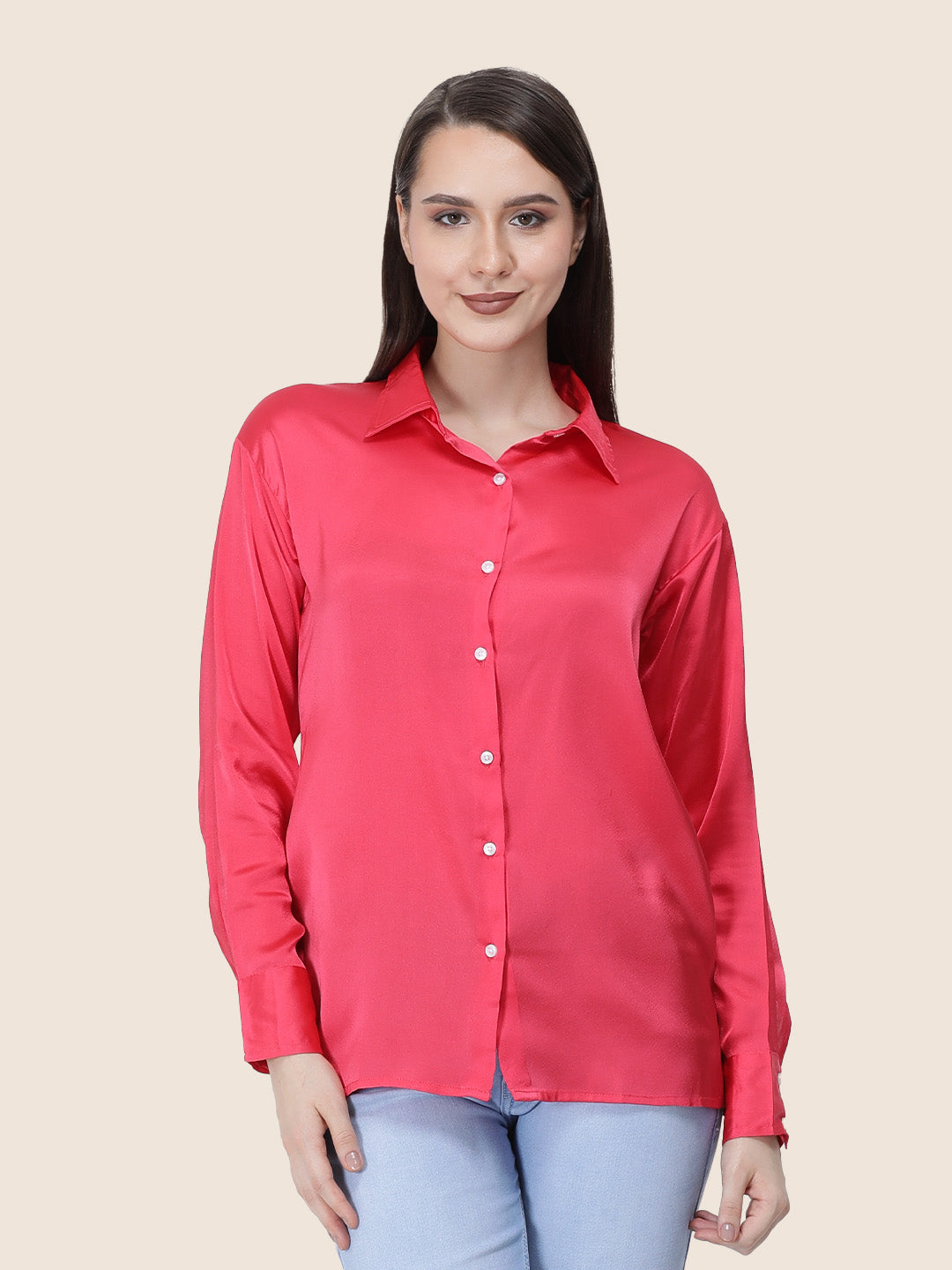 Women's  Premium Ruby Pink Regular Fit Solid Summer Satin shirt