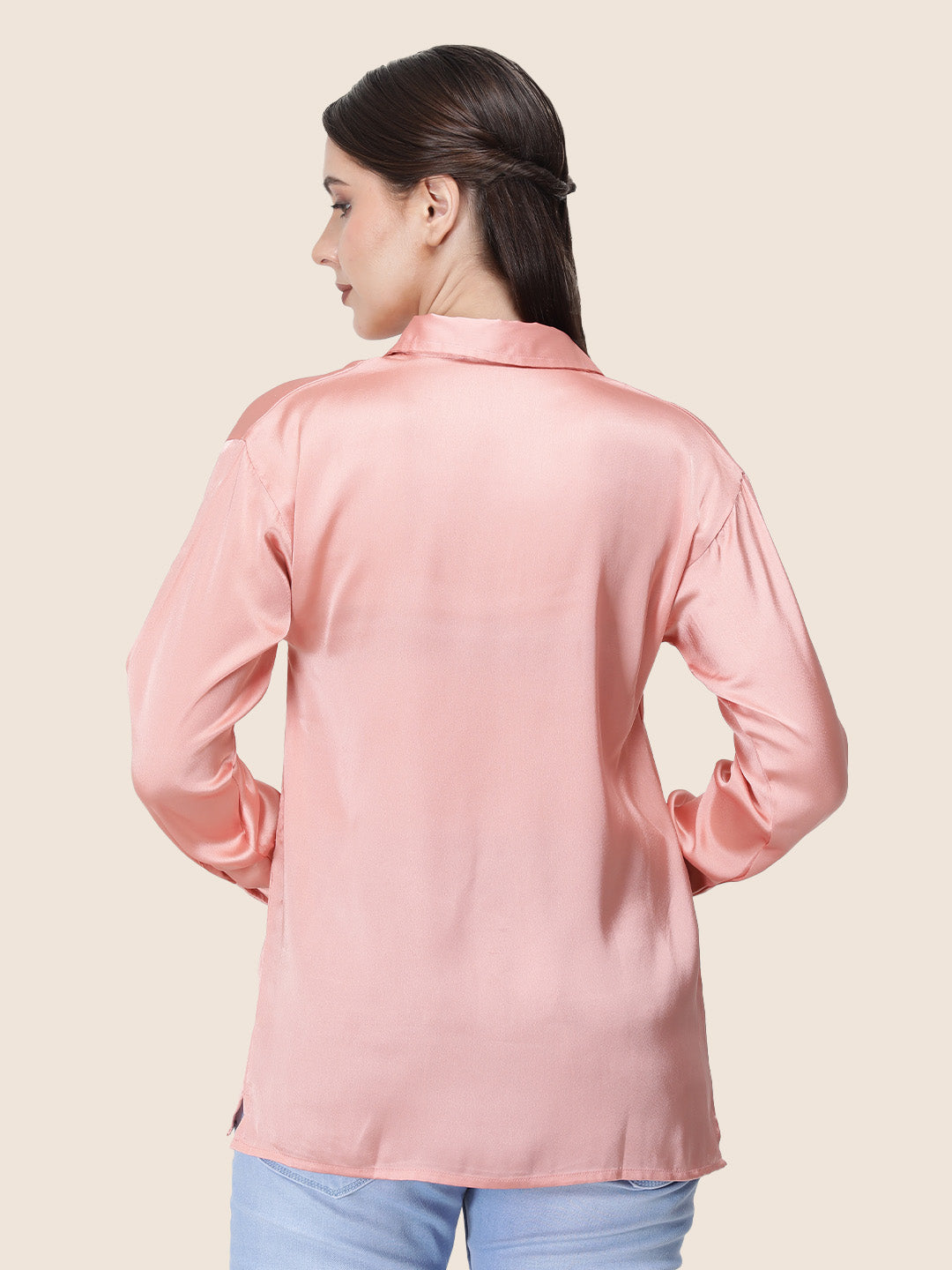 Women's  Premium Peachy Pink Regular Fit Solid Summer Satin shirt