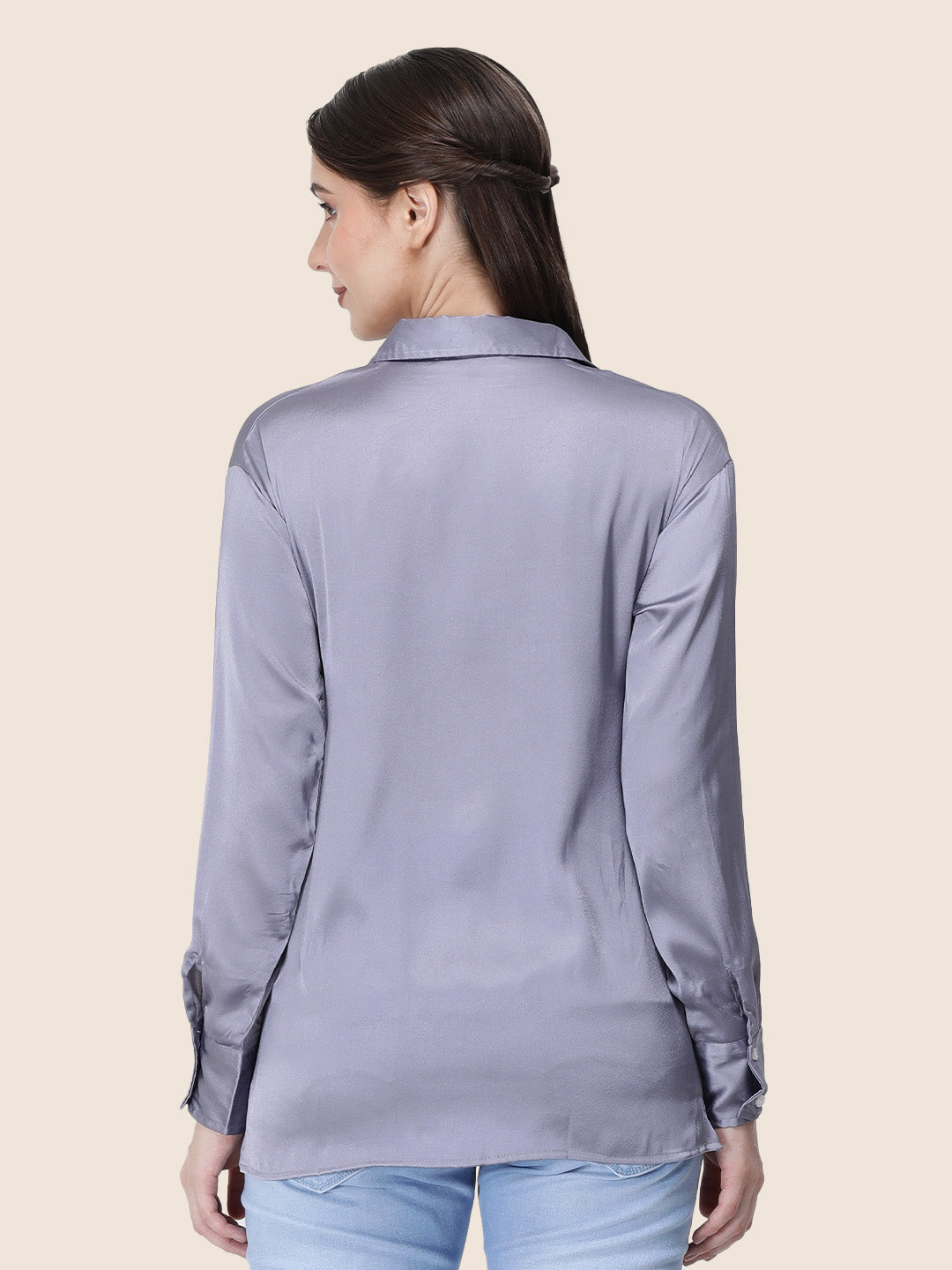 Women's  Premium Bluish Grey Regular Fit Solid Summer Satin shirt