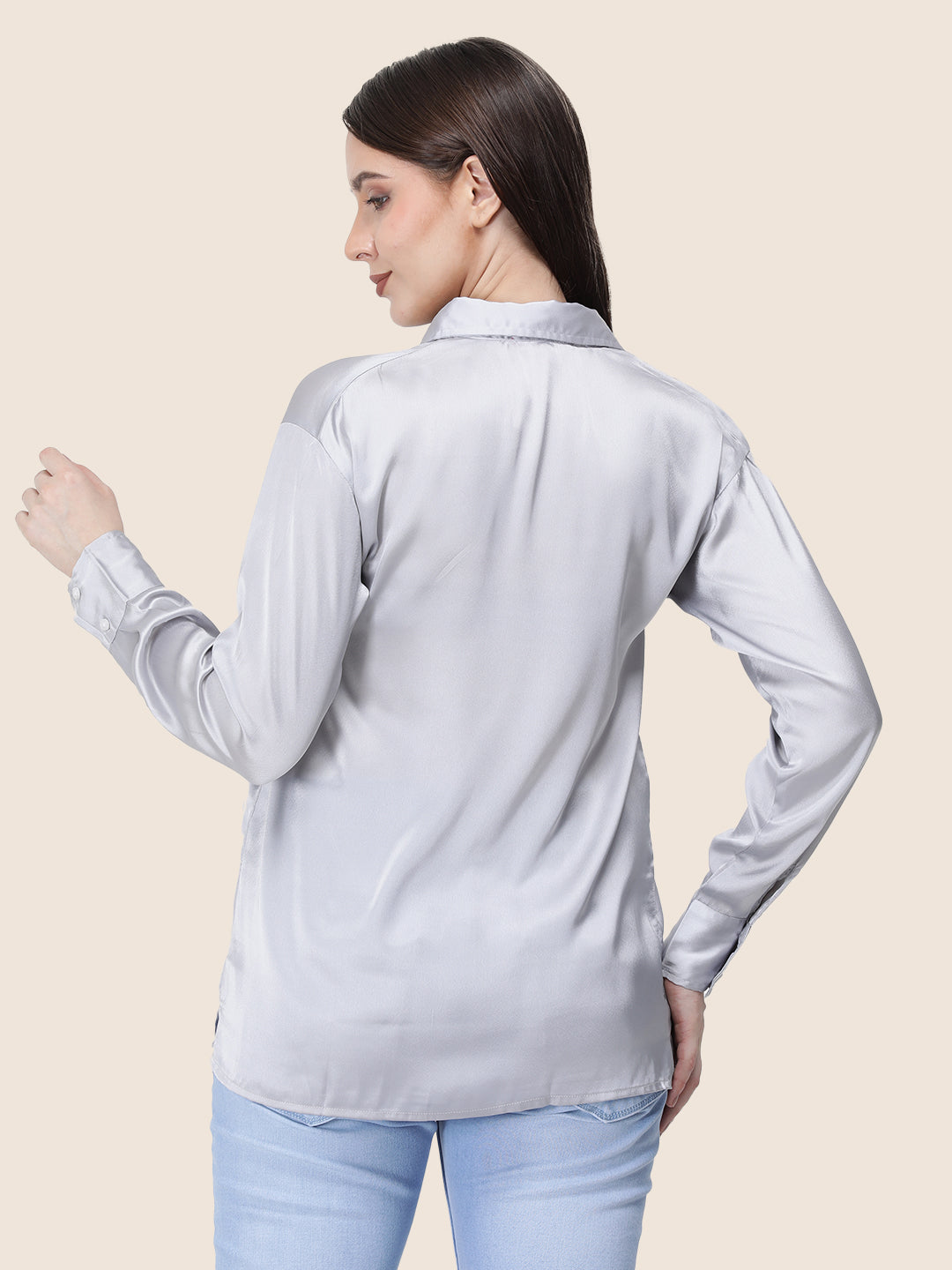 Women'S Premium Grey Regular Fit Solid Satin Shirt