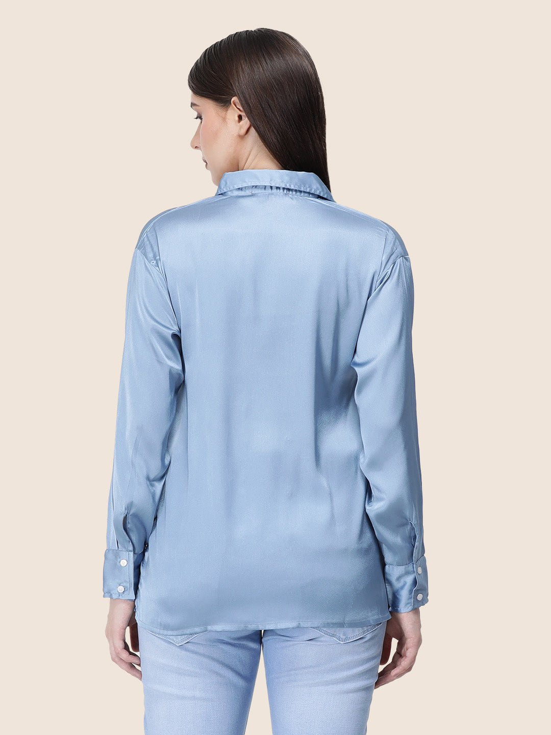 Women's  Premium Steel Blue Regular Fit Solid Summer Satin shirt