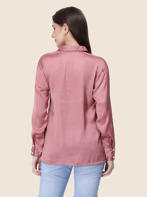 Women's  Premium Rose Pink Regular Fit Solid Summer Satin shirt