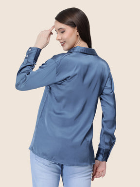 Women's  Premium Marble Blue Regular Fit Solid Summer Satin shirt