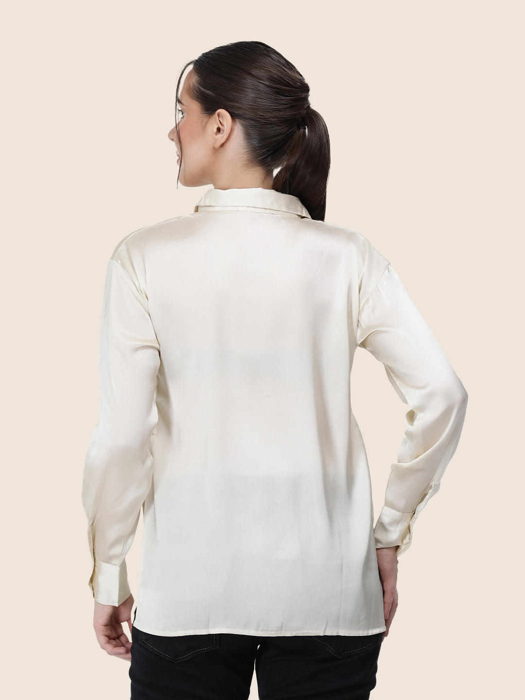 Women's Premium Off White Regular Fit Solid Summer Satin shirt