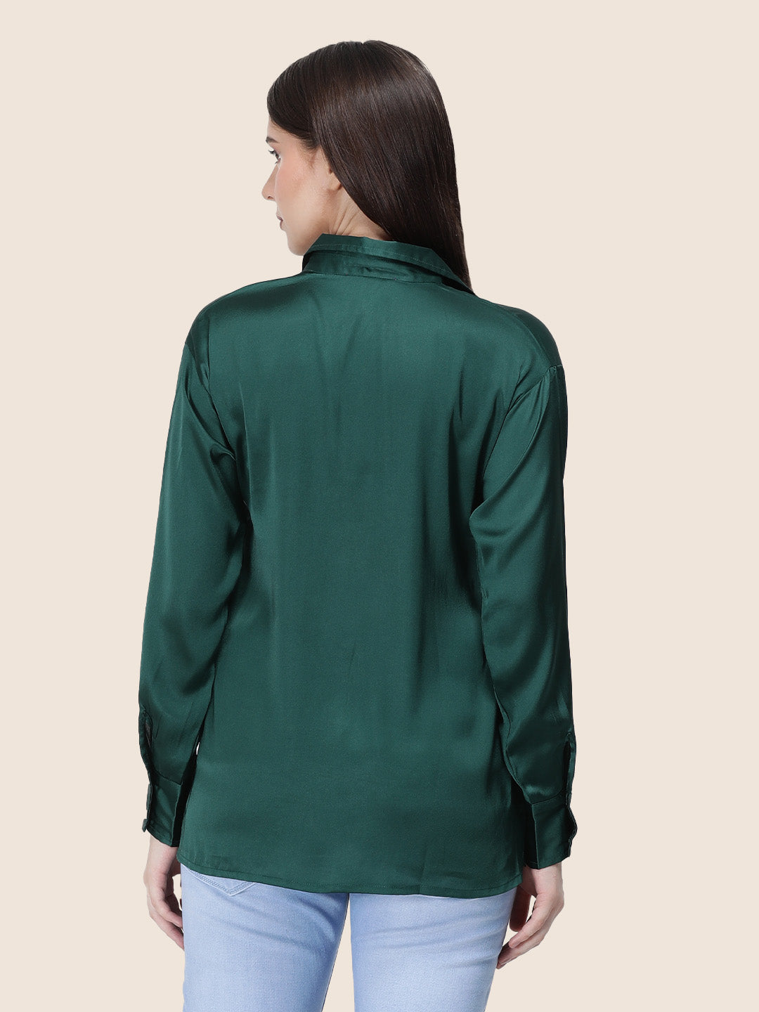 Women's  Premium Emerald Green Regular Fit Solid Summer Satin shirt