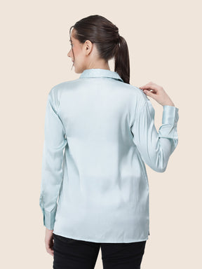 Women's  Premium Light Cyan Regular Fit Solid Summer Satin shirt