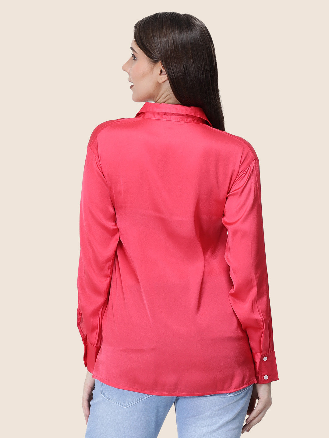 Women's  Premium Ruby Pink Regular Fit Solid Summer Satin shirt