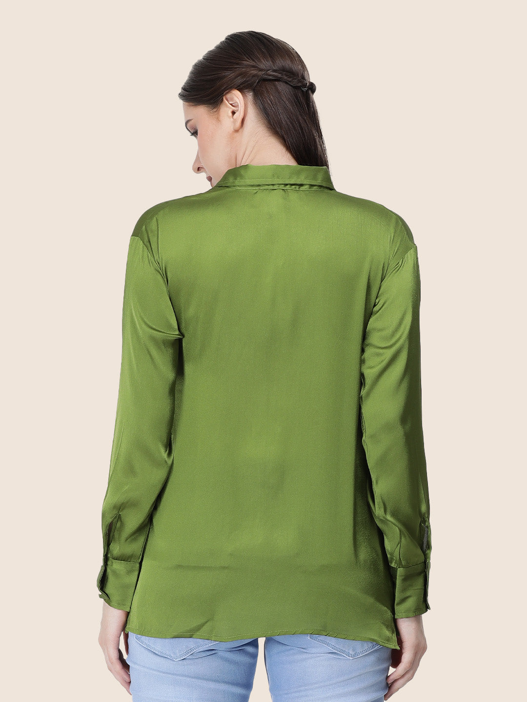 Women's  Premium Olive Regular Fit Solid Summer Satin shirt