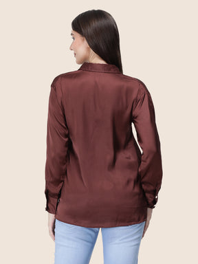 Women's  Premium Chocolate Brown Regular Fit Solid Summer Satin shirt