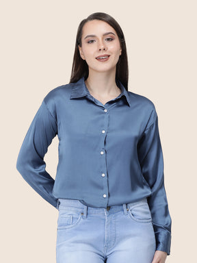 Women's  Premium Marble Blue Regular Fit Solid Summer Satin shirt