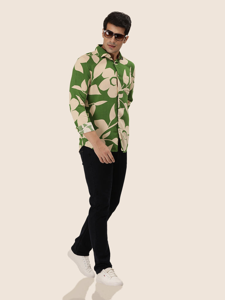 Men'S Premium Rayon Casual Shirt With Green Floral Print