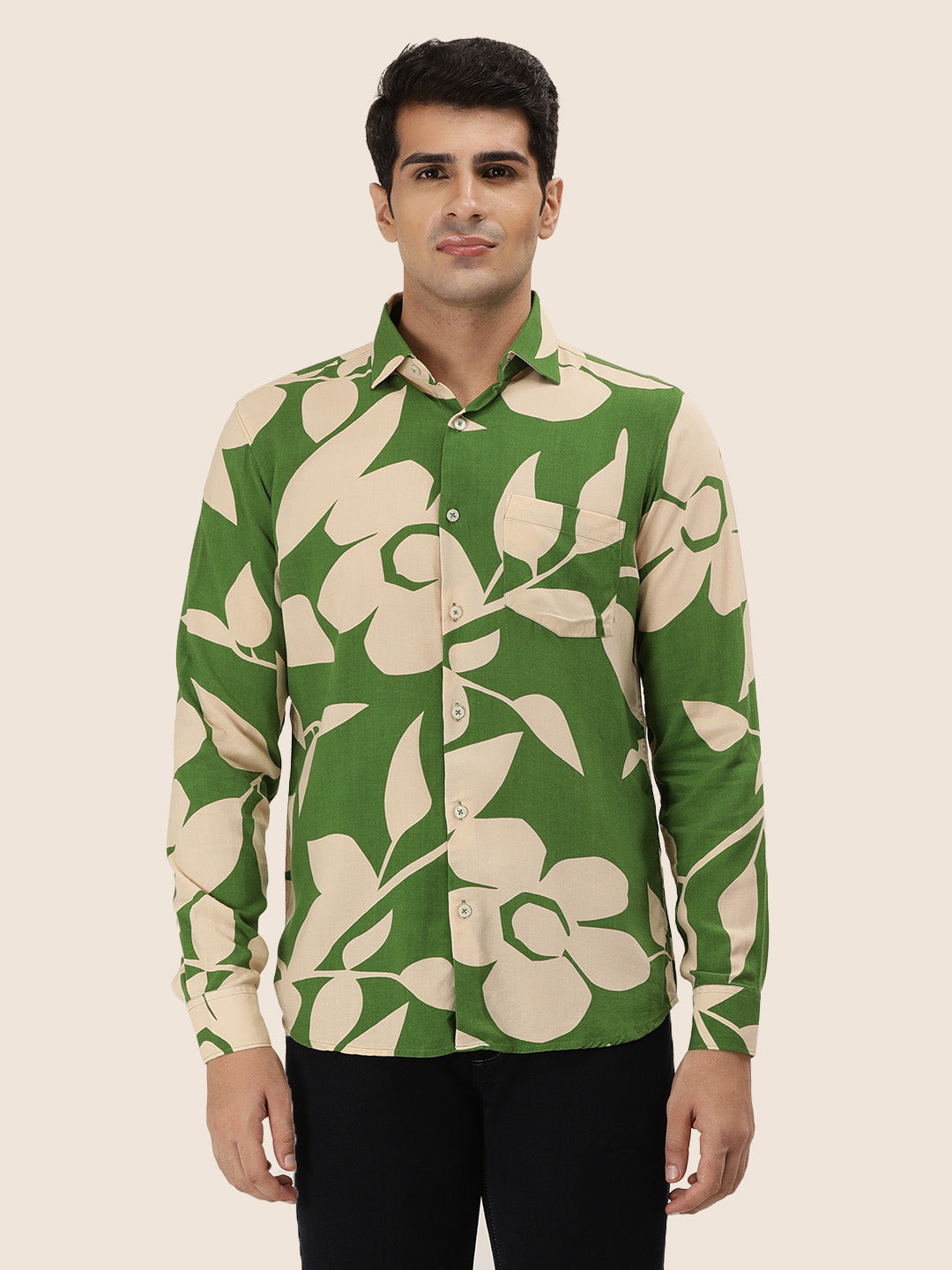 Men'S Premium Rayon Casual Shirt With Green Floral Print