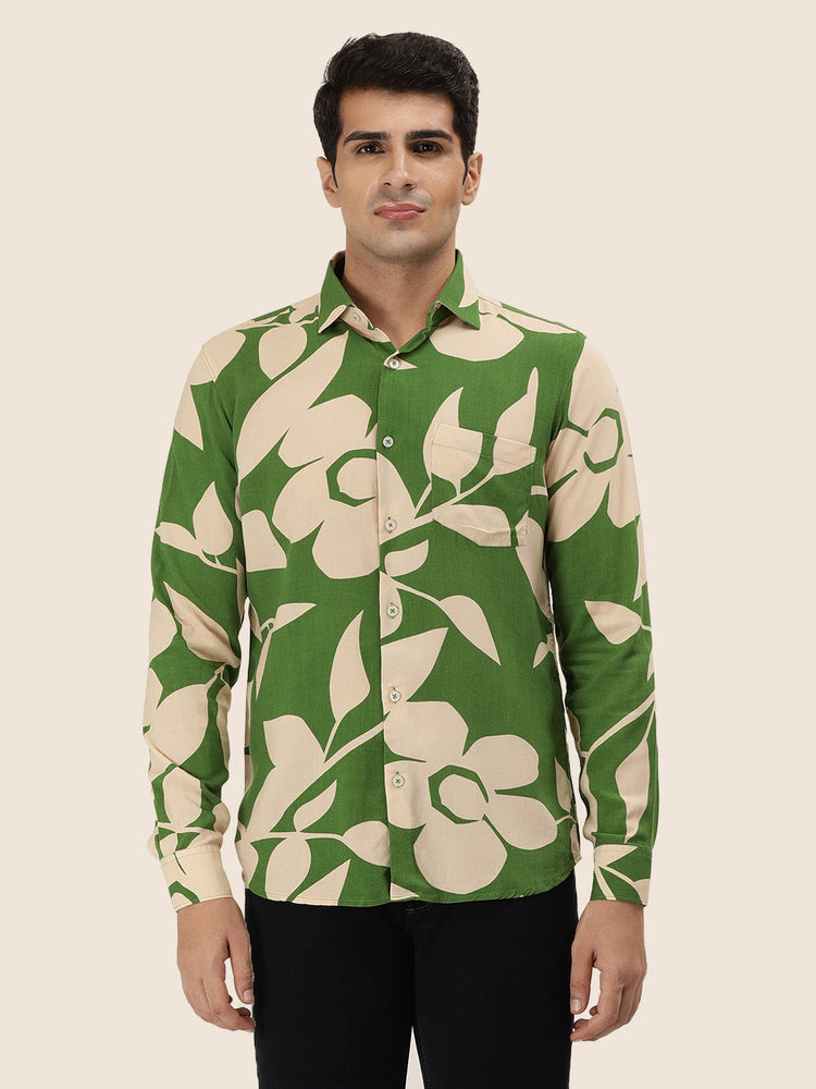 Men'S Premium Rayon Casual Shirt With Green Floral Print