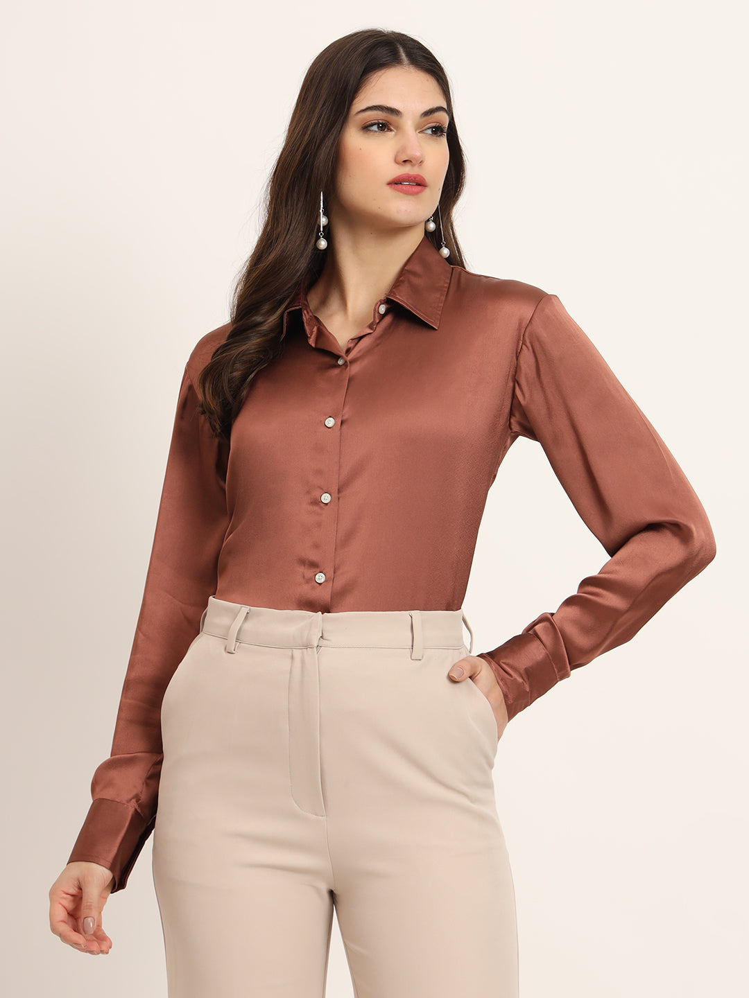 Women's Premium Cocoa Regular Fit Solid Summer Satin shirt