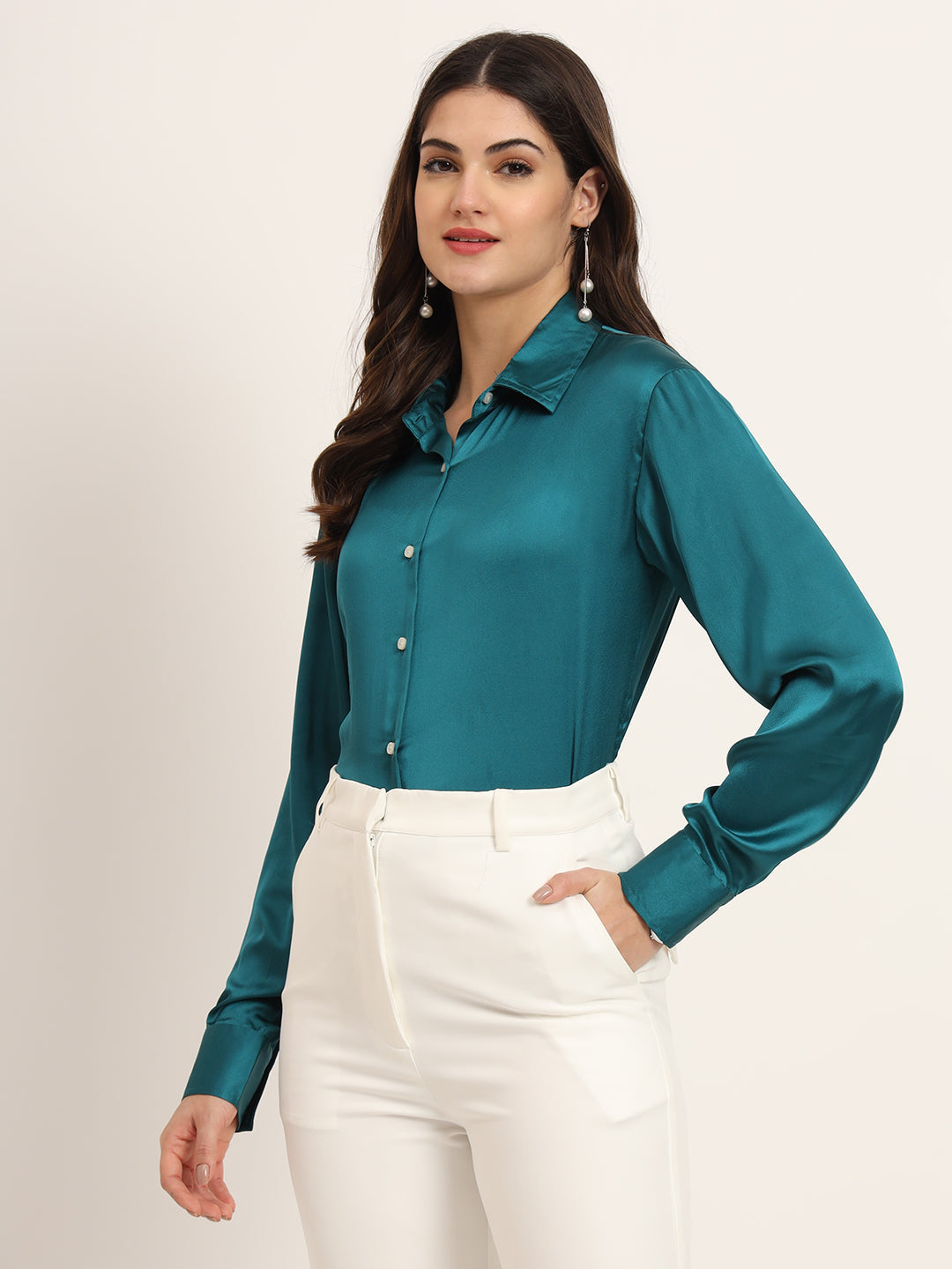 Women'S Premium Peacock Regular Fit Solid Satin Shirt
