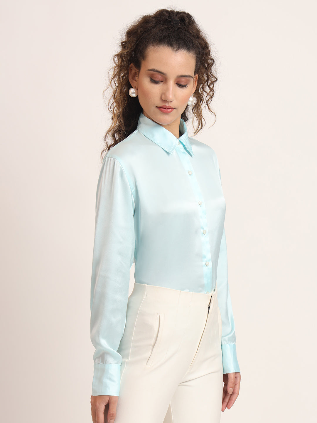 WOMEN'S PREMIUM SKY BLUE REGULAR FIT SOLID SATIN SHIRT