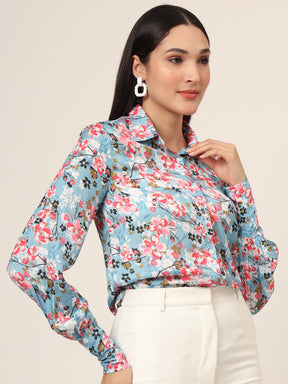 Women's Luxury Satin Multicolour Long Length Curved Hem Digital Print Shirt