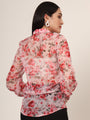 Women'S Premium Organza Pink And Green Long Length Curved Hem Digital Print Shirt