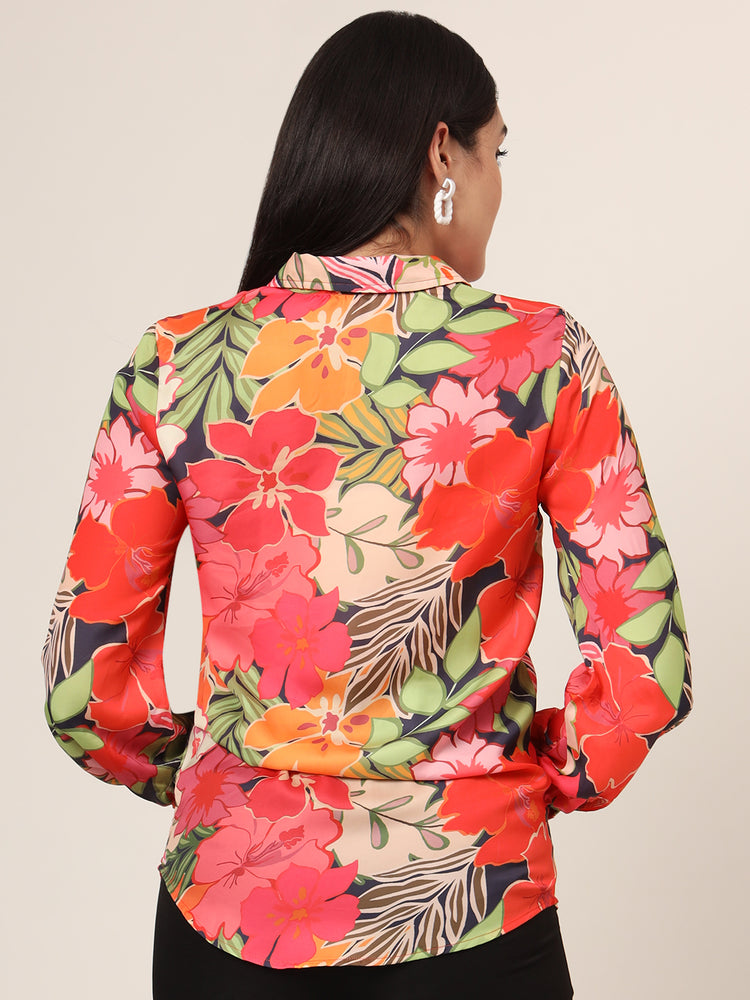 Women's Luxury Satin Multicolour Long Length Curved Hem Digital Print Shirt