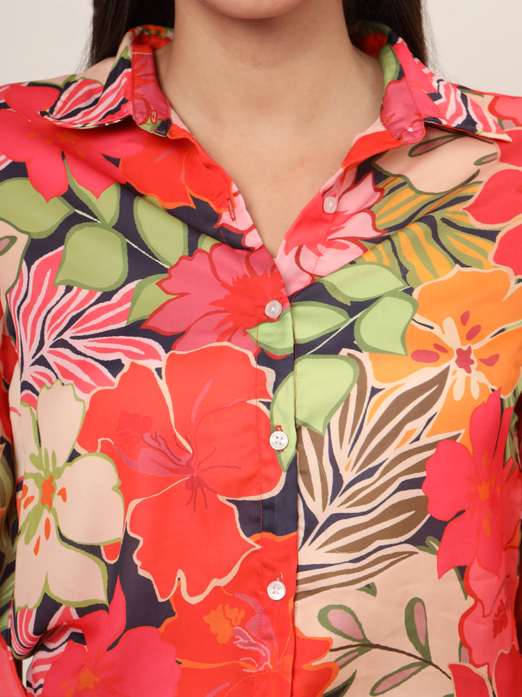 Women's Luxury Satin Multicolour Long Length Curved Hem Digital Print Shirt