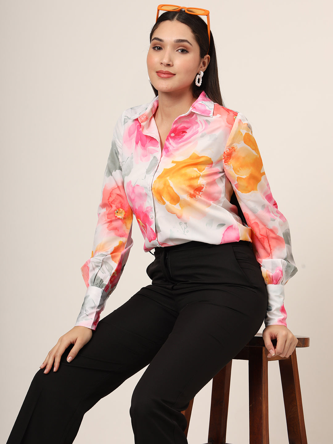 Women's Premium Micro Multicolour Long Length Curved Hem Digital Print Shirt