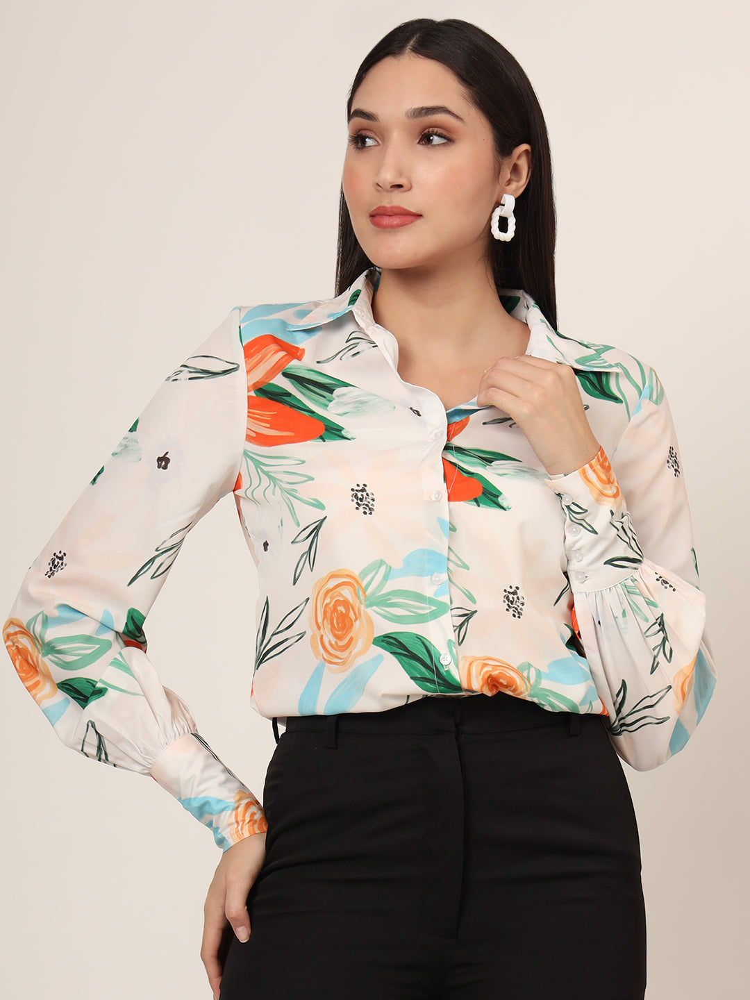 Women's Premium Micro Multicolour Long Length Curved Hem Digital Print Shirt