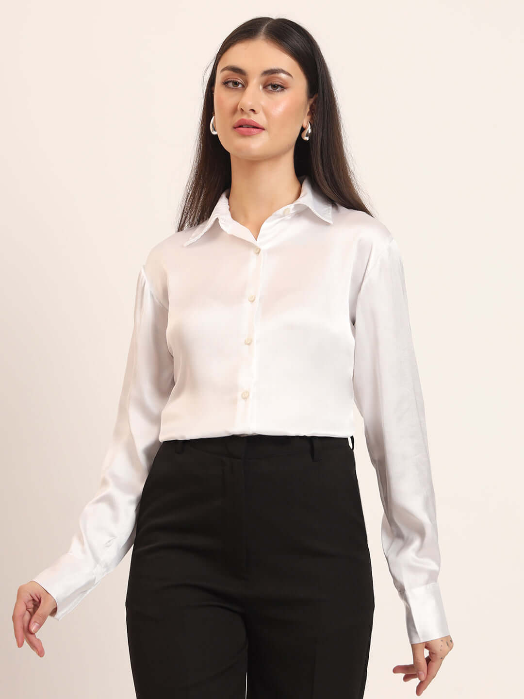 Women'S Premium White Regular Fit Solid Satin Shirt