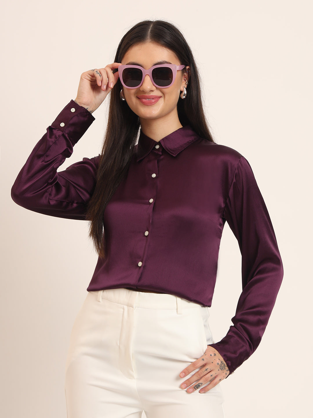 Women's Premium Deep Plum Regular Fit Solid Satin shirt