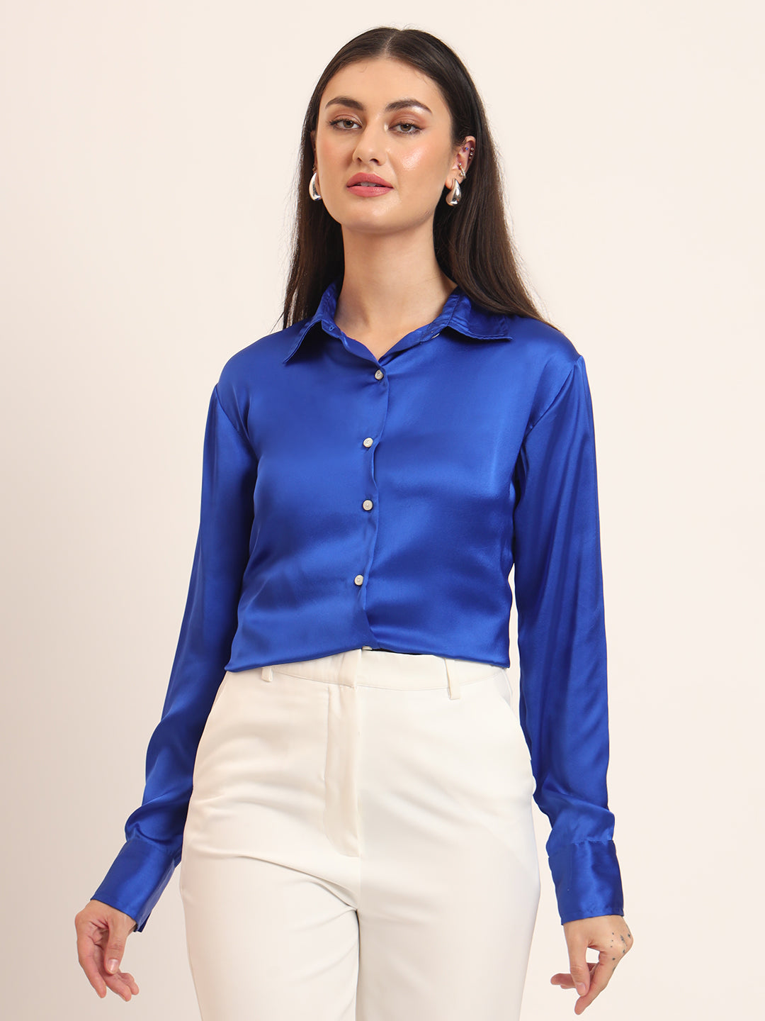 Women's Premium Royal Blue Regular Fit Solid Satin shirt