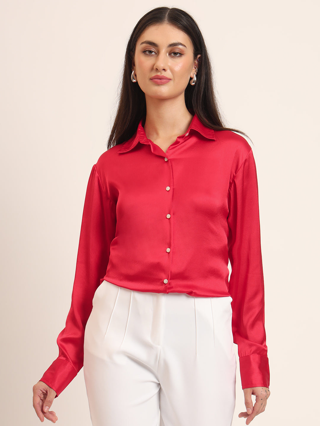 Women's Premium Red Regular Fit Solid Satin shirt