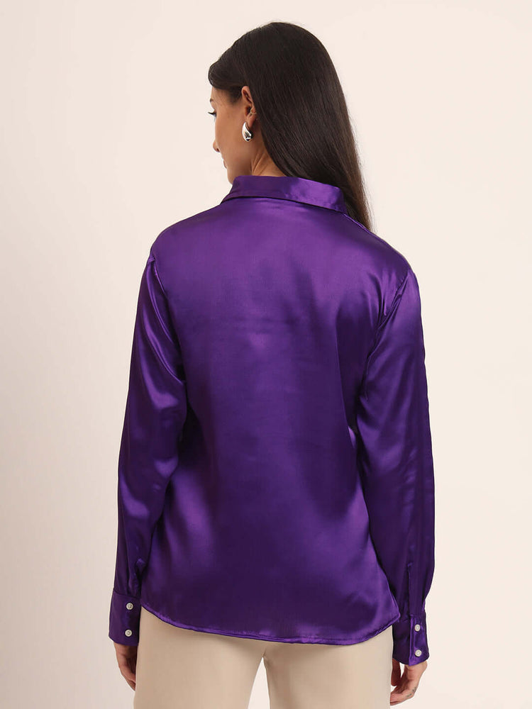 Women'S Premium Purple Regular Fit Solid Satin Shirt