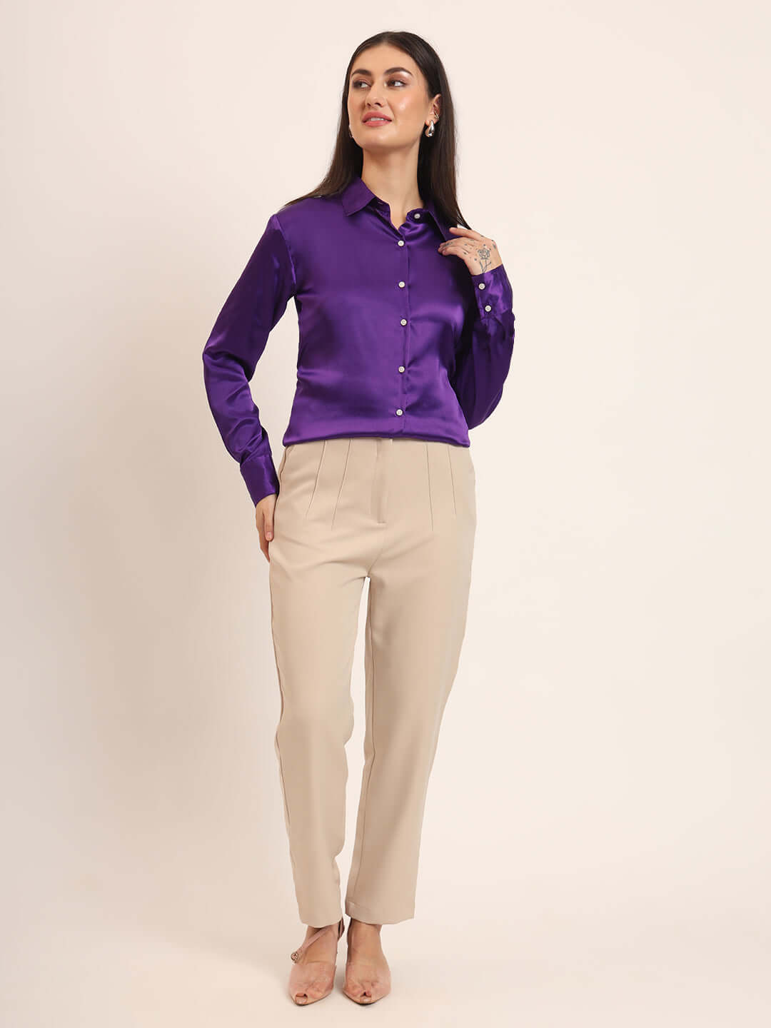 Women'S Premium Purple Regular Fit Solid Satin Shirt