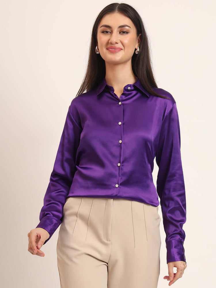 Women'S Premium Purple Regular Fit Solid Satin Shirt