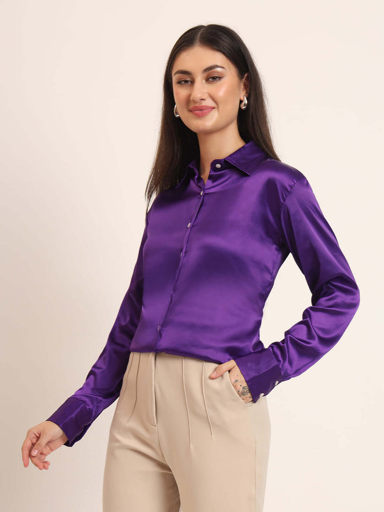 Women'S Premium Purple Regular Fit Solid Satin Shirt