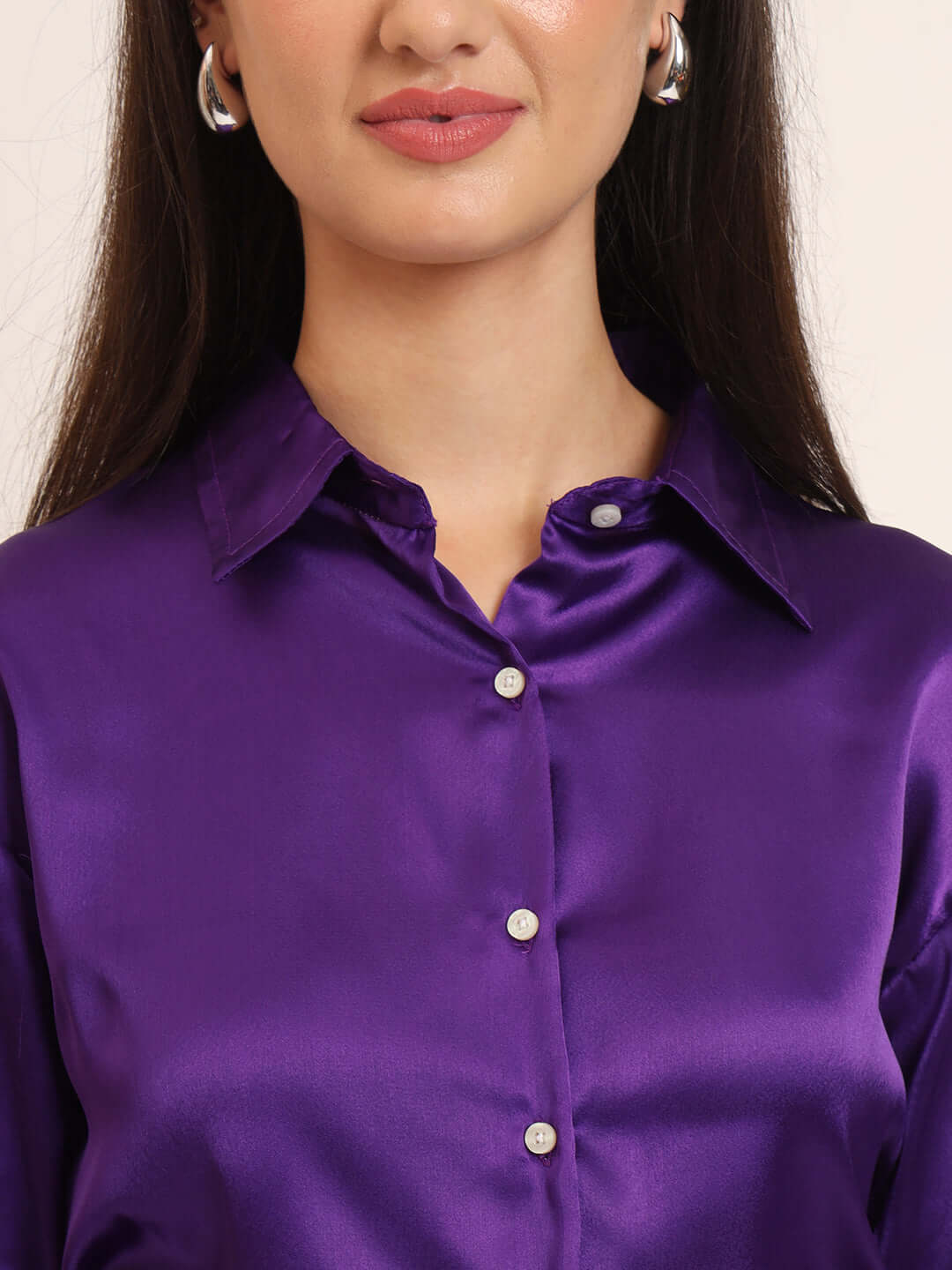 Women'S Premium Purple Regular Fit Solid Satin Shirt