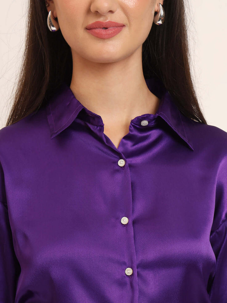 Women'S Premium Purple Regular Fit Solid Satin Shirt