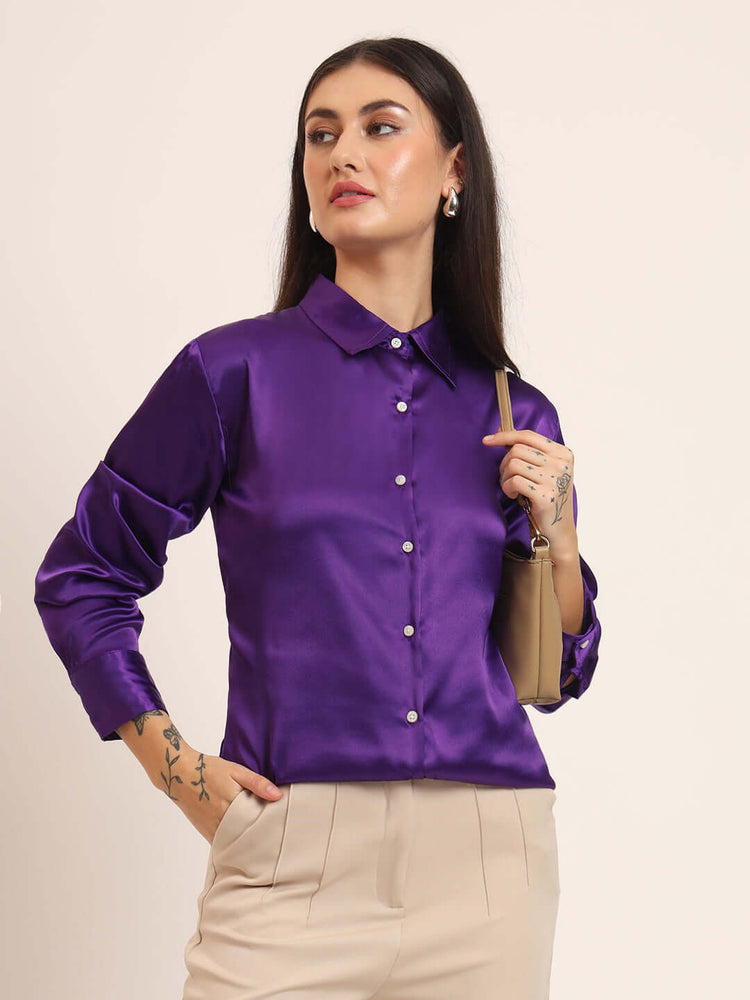 Women'S Premium Purple Regular Fit Solid Satin Shirt