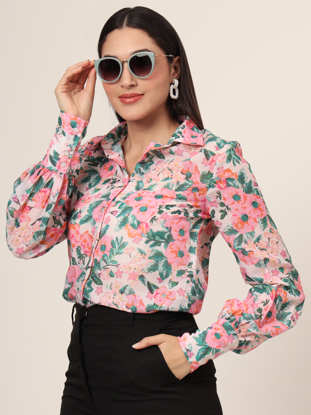 Women's Luxury Cambric Multicolour Long Length Curved Hem Digital Print Shirt