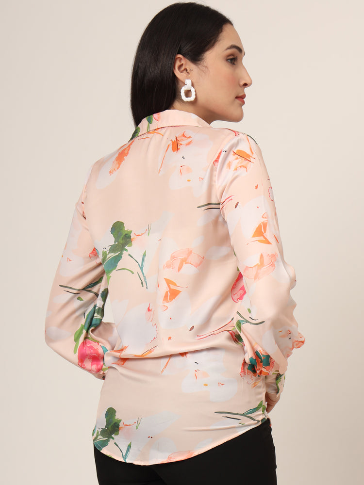 Women'S Luxury Satin Multicolour Long Length Curved Hem Digital Print Shirt